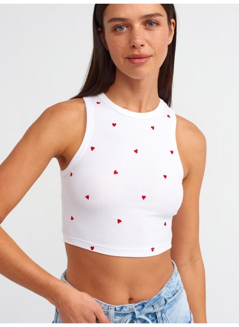 Dilvin 20819 Heart Embroidered Crop Top-White - Image 3